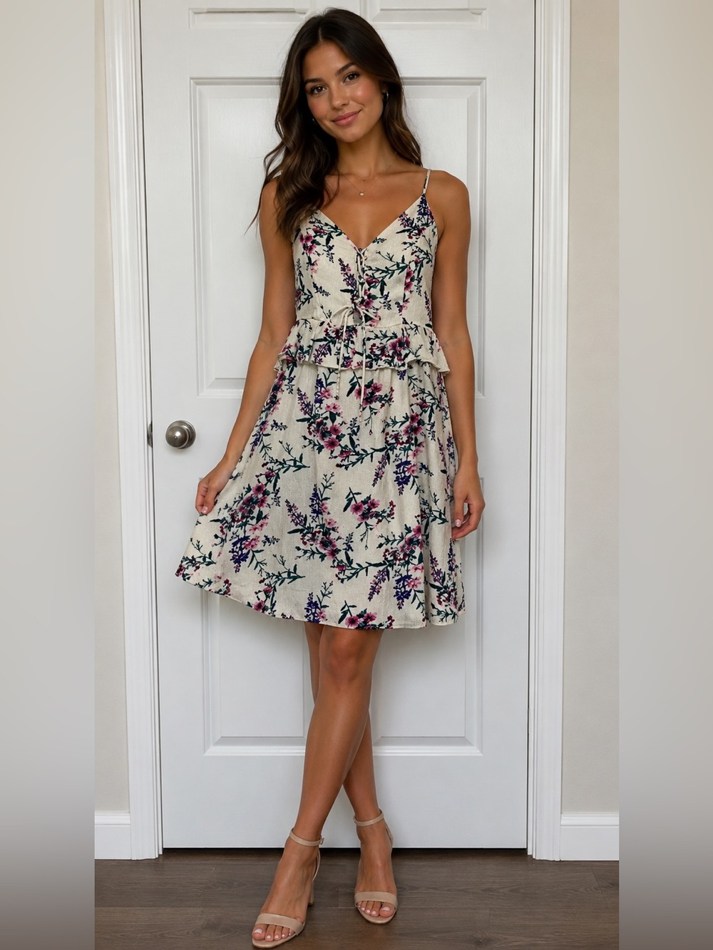 American Eagle Outfitters Cream Floral Tie-Front Mini Dress